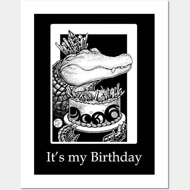 Alligator & Crystal Cake - It's My Birthday - White Outlined Version Wall Art by Nat Ewert Art